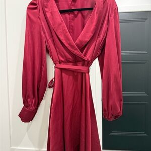 SHEIN Burgundy Long Sleeve Wrap Dress